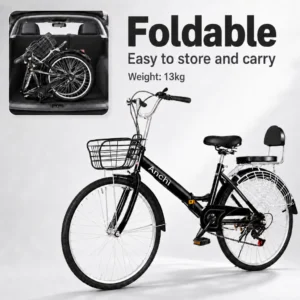 7 Speed Folding Bicycle with Front Basket & Rear Seat
