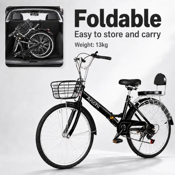 my-11134207-820la-mplyx2fjfjlt6e 7 Speed Folding Bicycle with Front Basket & Rear Seat